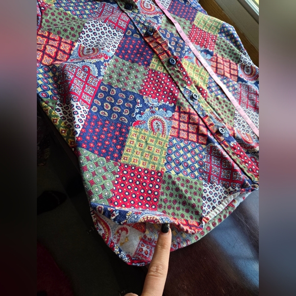 VTG 1970s Multi-Pattern Patchwork Button Down Shirt - Size Med-Large - Picture 12 of 13